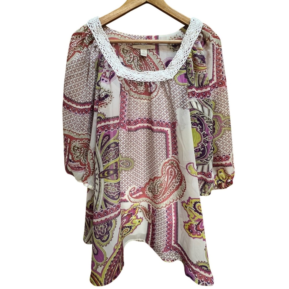 Jonathan Martin Paisley Boho Tunic Top/Blouse Crochet Trim Sheer Lined‎ Large
